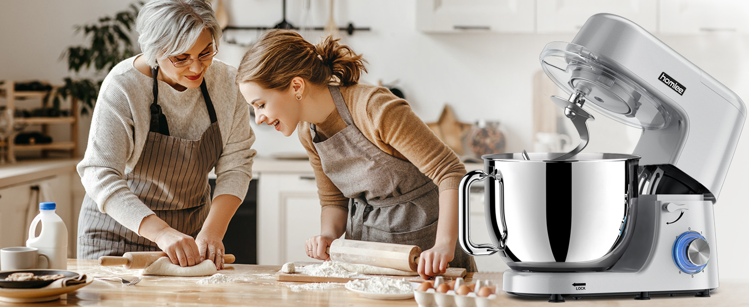 Потужна кухонна машина 1800W з великою чашею 7.2 л з нержавіючої сталі, міксер, насадки для тіста, збивання та насадка-віночок, сріблястий