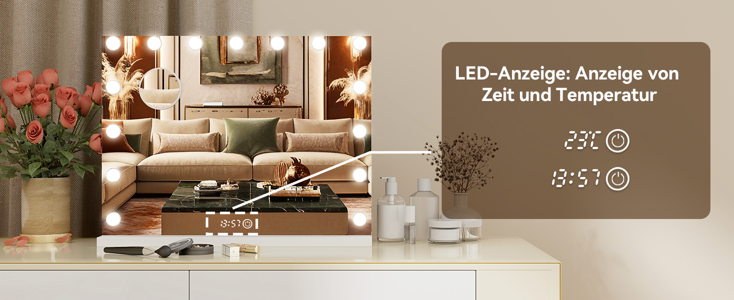 Дзеркало для макіяжу YU YUSING з підсвічуванням 58x45 см, 15 LED, 3 кольори, 10x збільшення, USB Type-C, для ванної кімнати та туалетного столика