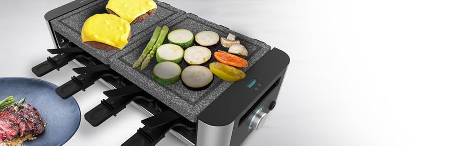 Електричний гриль-ракушетка Cecotec Raclette Cheese&Grill 16000 Inox на 8 осіб, 1400 Вт, з регулюванням температури, 2 грильні пластини (алюміній 20x22 см та натуральний камінь 20x22 см), 8 сковорідок та 8 лопаток