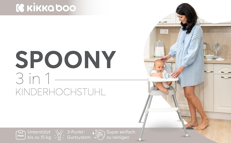 Дитячий стільчик KikkaBoo Spoony 3в1 – регульована висота, складний, для дітей до 36 місяців, знімний піднос, сірий