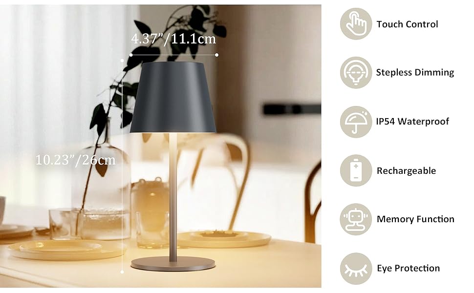 LED настільна лампа Lundwa з акумулятором, 26 см, 5000 mAh, 3W, 3000K, IP54, для кемпінгу, ресторану, спальні, бару (1 шт.)