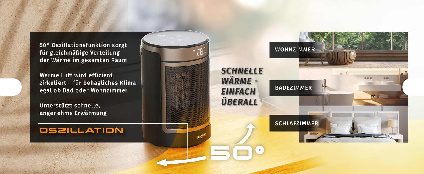 Тепловий обігрівач Brandson ECO Design з дистанційним керуванням, ECO-режимом та осциляцією, 2 рівні потужності, захист від перегріву та перекидання, колір Cool Grey