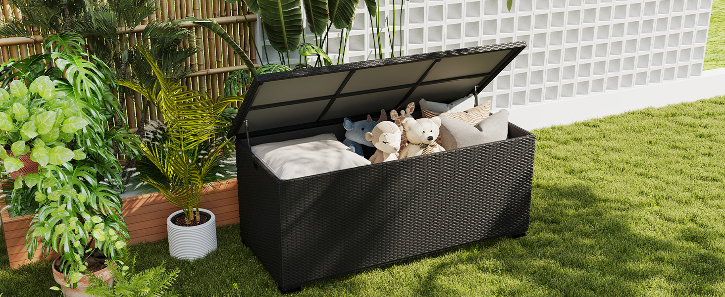 Скриня для подушок садових Polyrattan Amopatio 650л, водонепроникна, з газліфтом, чорна. Ящик для зберігання речей на вулиці для саду, балкону