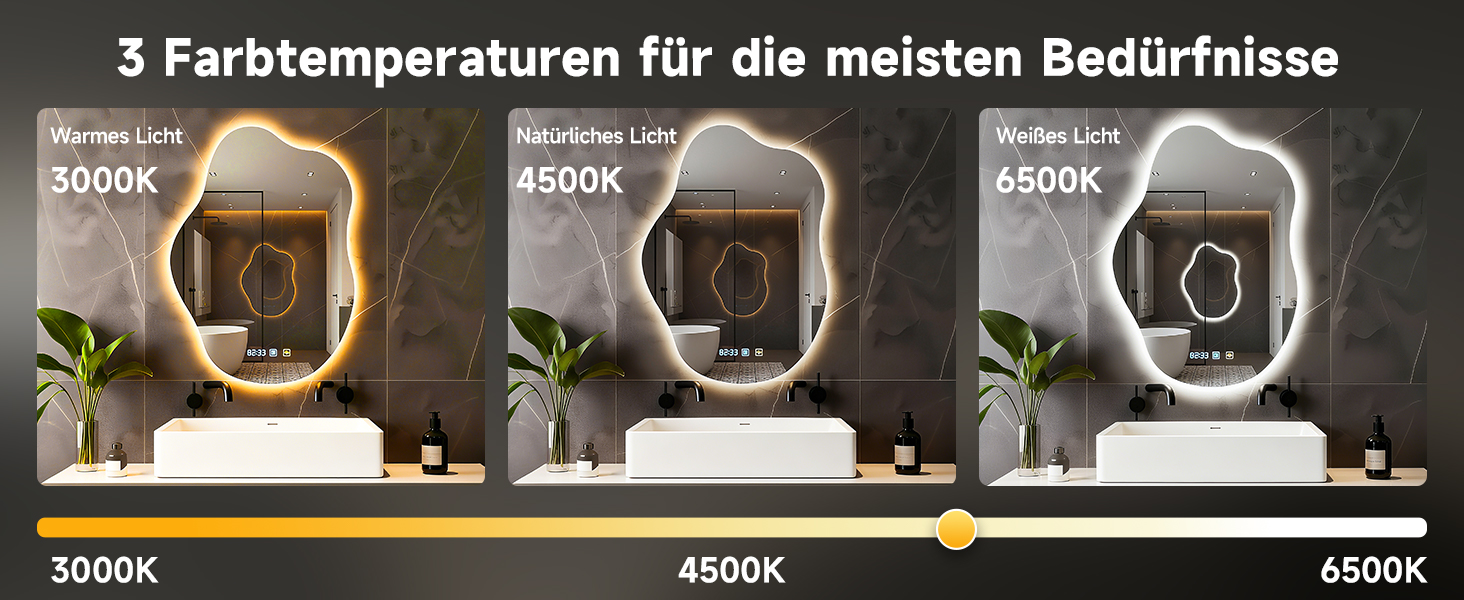 Дзеркало для ванної кімнати з підсвічуванням 50x70 см, з підігрівом, годинник, LED-підсвічування, сенсорна кнопка, функція пам'яті, 3 кольори світла, регулювання яскравості