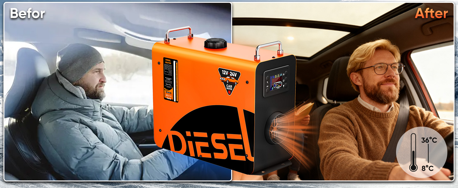 Дизельний опалювач LDHTHOPI 8 кВт, 12/24V з таймером, LCD-дисплеєм та пультом керування. Швидкий нагрів, 4.5L. Економія енергії для гаража, кемпінгу, автодому (Помаранчевий)