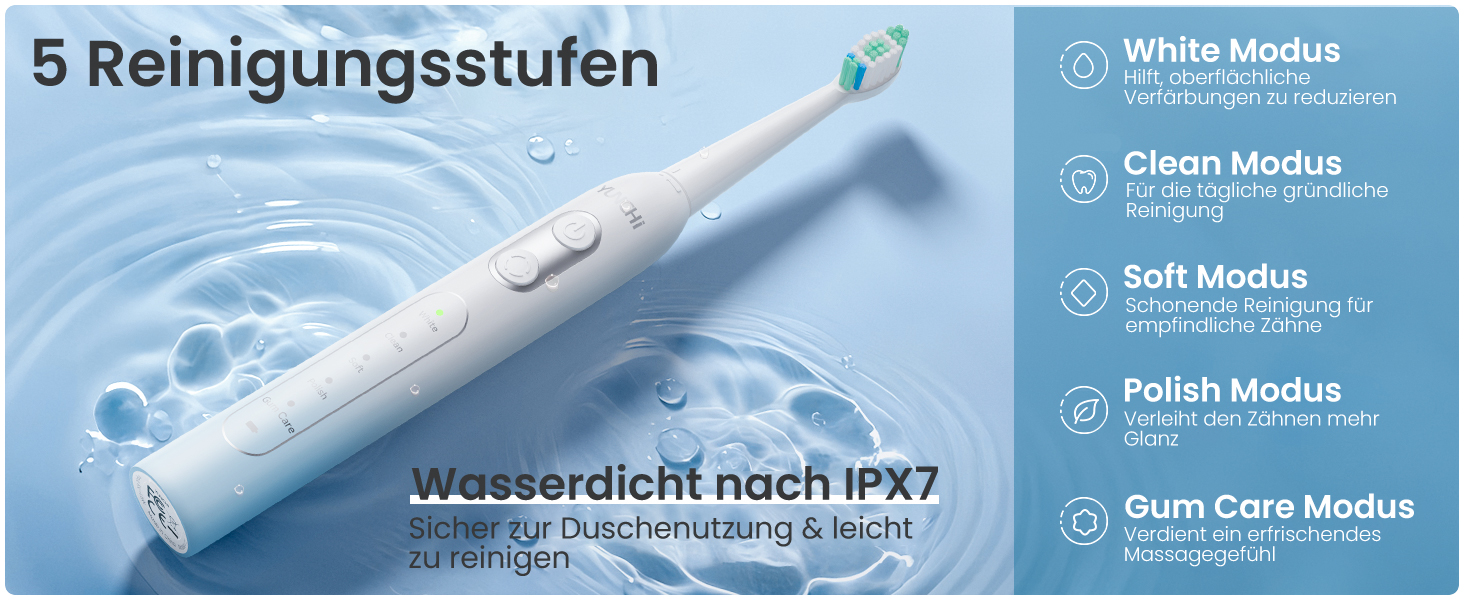 Електрична зубна щітка YUNCHI - звукова, для дорослих та дітей, 40000 VPM, USB-C, 5 режимів, 8 насадок + чохол, блакитна