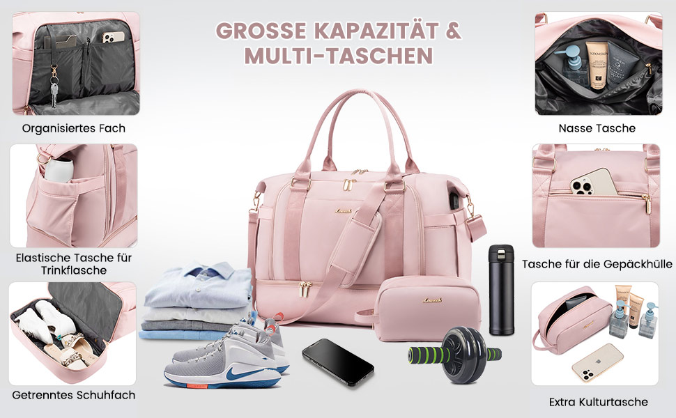 Спортивна сумка LOVEVOOK для подорожей, жіноча, 37L, рожева: Weekender, культ. сумка, відділення для взуття та мокрих речей