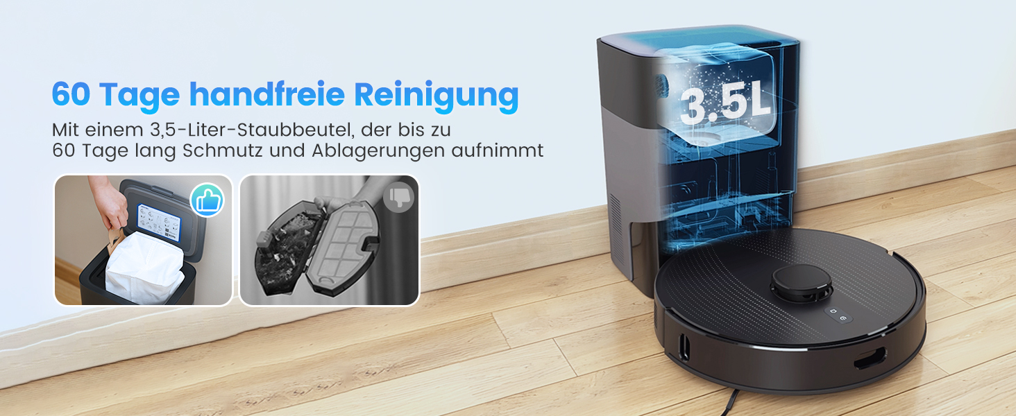 Робот-пилосос з функцією миття та станцією самоочищення, об'єм 3.5л, для килимів та шерсті тварин, з керуванням через додаток та Alexa, LiDAR навігація, час роботи 180 хвилин (світло-чорний)