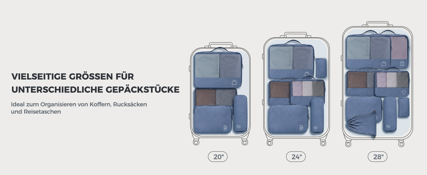 Набір органайзерів для валізи та рюкзака Packing Cubes, 8 предметів, сіро-блакитний