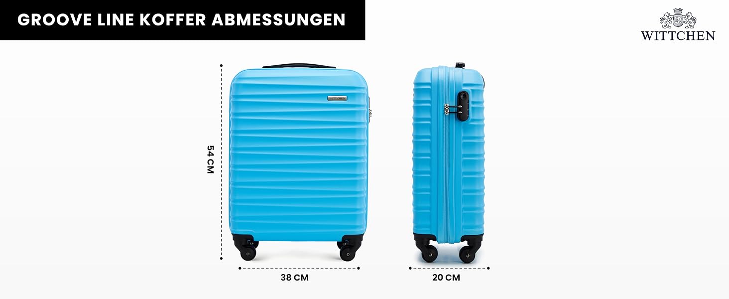 Набір валізWITTCHEN 3 в 1: велика, середня, маленька. Валізи на колесах з ABS, з кодовим замком, 4 колеса, Groove Line. Підходить для Lufthansa, Eurowings, Ryanair, Condor. (Синій, косметичка)