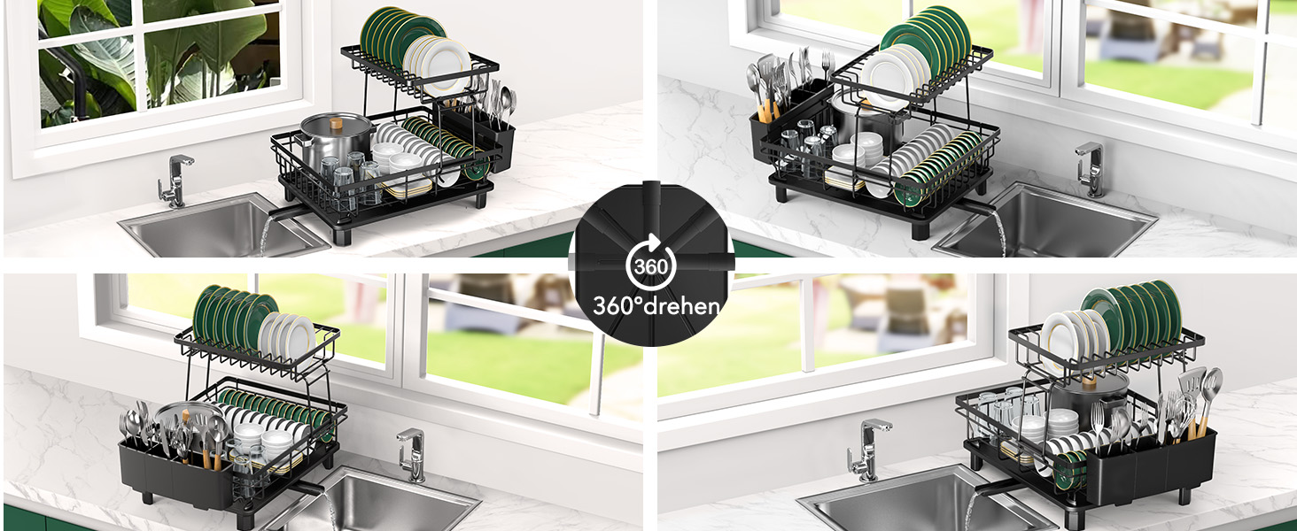 Сушарка для посуду ROTTOGOON розширювана, 2-ярусна, чорна: нержавіюча сталь, з висувним носиком та відділенням для столових приборів