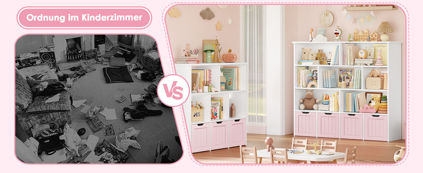 Дитяча полиця FOREHILL з коробками на колесах, 4 яруси, меблі для дитячої кімнати, іграшковий та книжковий стеллаж, рожевий, 125.5x33x118 см