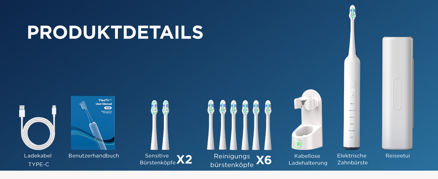 Електрична звукова зубна щітка для дорослих та дітей, 5 режимів чищення, 3 рівні інтенсивності, таймер, 8 насадок, кейс для подорожей, біла (1 шт.)