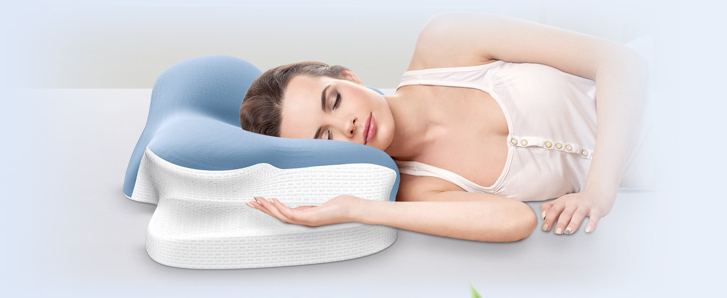 Подушка для шиї з піною з пам'яті, дихаюча, ергономічна, 65x37x10/12 см (Блакитна)