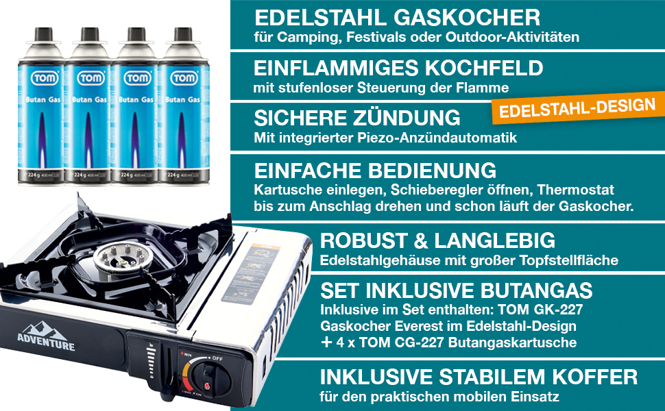 Газовий наметний котел TOM Adventure з нержавіючої сталі (4 картриджі, кейс) – Piezo запалювання, 1 конфорка