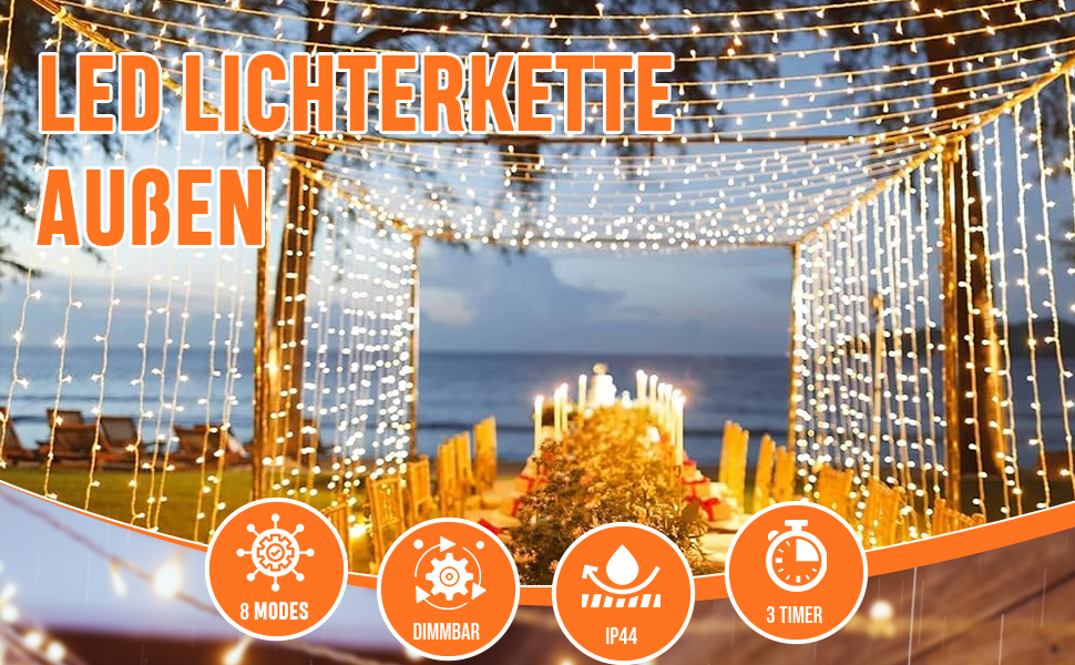Світлодіодна гірлянда для вулиці та дому 25м 200 LED, теплий білий колір, 8 режимів, пульт керування та таймер, водонепроникна IP44, різдвяна ілюмінація для балкона та саду