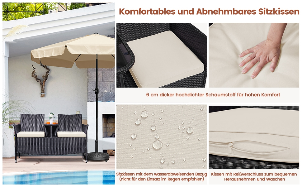 Садовий комплект Yaheetech: двомісна банкетка з столом з поліротангу, чорно-бежевий, 131x65,5x85 см, вантажопідйомність 350 кг