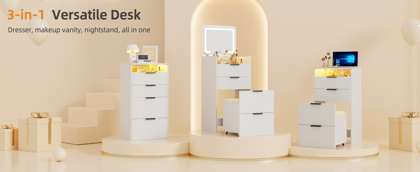 Трюмо Lvifur з LED-дзеркалом та 3 висувними ящиками, кутовий, для спальні, квартири, гуртожитку, білий