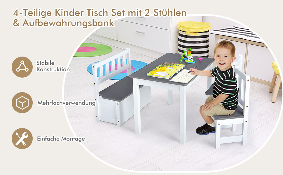 Дитяча меблева група COSTWAY з місцем для зберігання: стіл для малювання та 2 стільці, лавка, FSC-сертифіковане дерево, для дітей від 3 років (сірий)