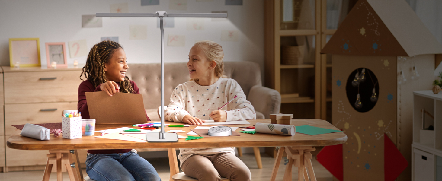 Стіл лампа з двома головками для дітей, захист очей, 16W, 72см, денне світло, диммування, пульт ДУ, лебединий шийка, матовий білий