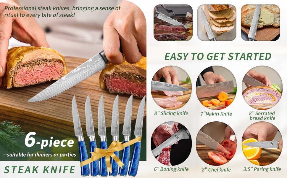 Набір кухонних ножів Fullhi 14 предметів з бруском, набір кухонних ножів, ножі для стейку, кольорова ручка, подарунок для чоловіків та жінок (блакита смола, 14 шт.)