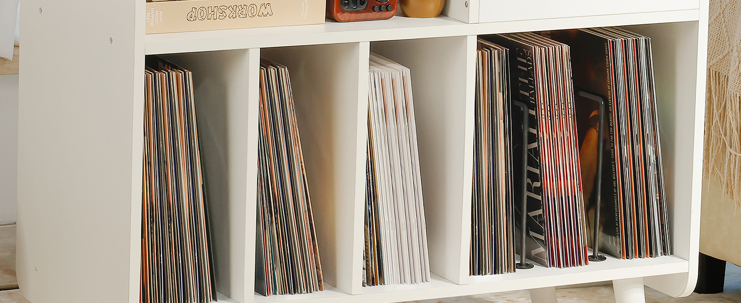 Стіл для програвача вінілу, стійка для програвача середини століття з місцем для зберігання до 350+ платівок, шафа для вінілових платівок з регульованими полицями (Білий)