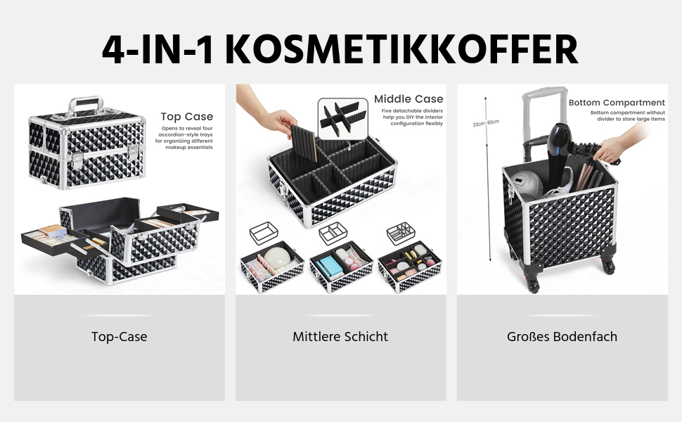 Ягетеч Косметичка-Тролі 4-в-1, Великий Косметичний Ящик для Макіяжу, Закривається на Замок, Багатофункціональний Ящик для Візажистів, Красота з Коліщатками та Висувною Шухлядою (Блискучий Чорний)