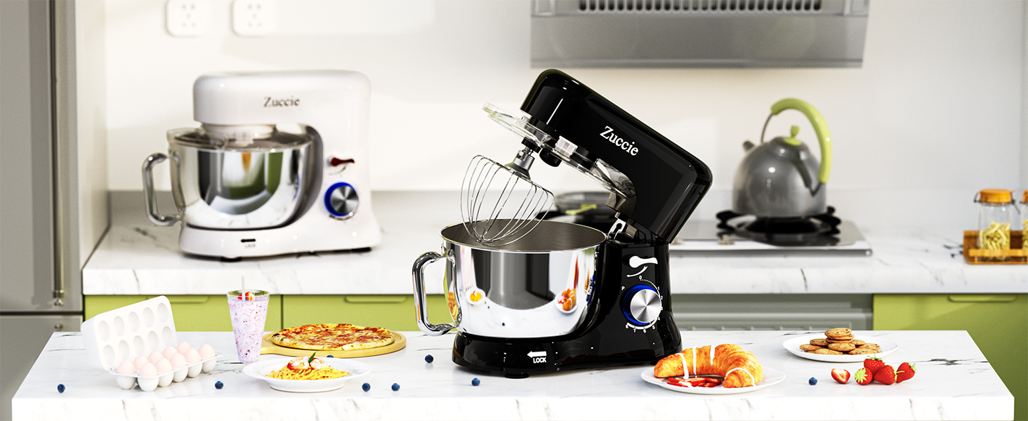 Кухонна машина Zuccie з тихою роботою, 5л чаша з нержавіючої сталі, 3 насадки, сплітц-захист, скребок для тіста та роздільник яєць, 8+P швидкості, для приготування тіста (білий/чорний)