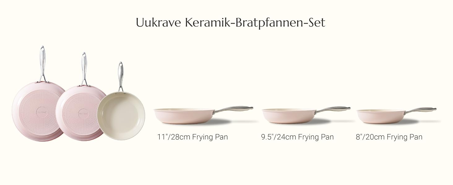 Набір керамічних сковорідок Uukrave без тефлону (PFOA/PTFE), під індукцію та всі типи плит, 20/24/28 см, рожеві