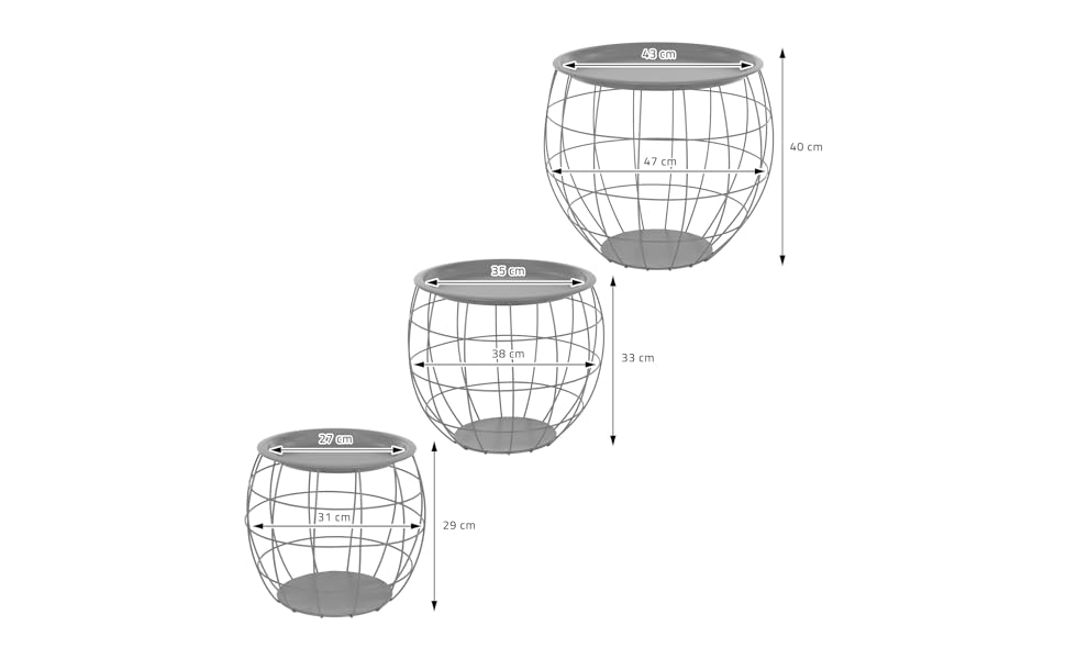 Набір журнальних столиків ML-Design з 3 круглих, металевих кошиків Журнальний столик 3 розміри Ø31см/Ø38см/Ø47см, металевий, знімна стільниця, місце для зберігання, 3 шт. Столи для вітальні, диванні столики, журнальні столики, столи для гніздування (сірі)