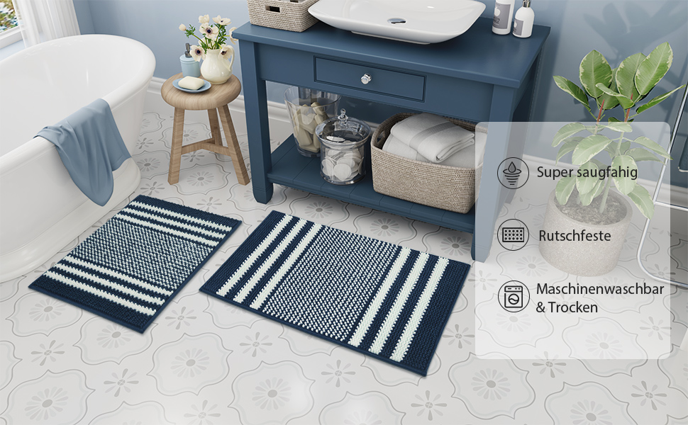 Килимок для ванної кімнати Biscpro Non-Slip Chenille, що миється, 40x60 см, темно-синій - м'який, вбираючий килимок для ванної