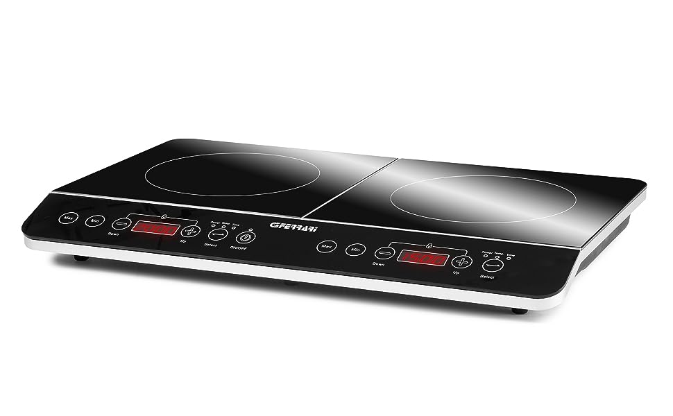 Індивідуальна індукційна плитка Ferrari Energy G10061, 2000W, цифровий дисплей, регулювання температури, легка чистка, велика поверхня приготування, таймер, Soft-Touch панель керування