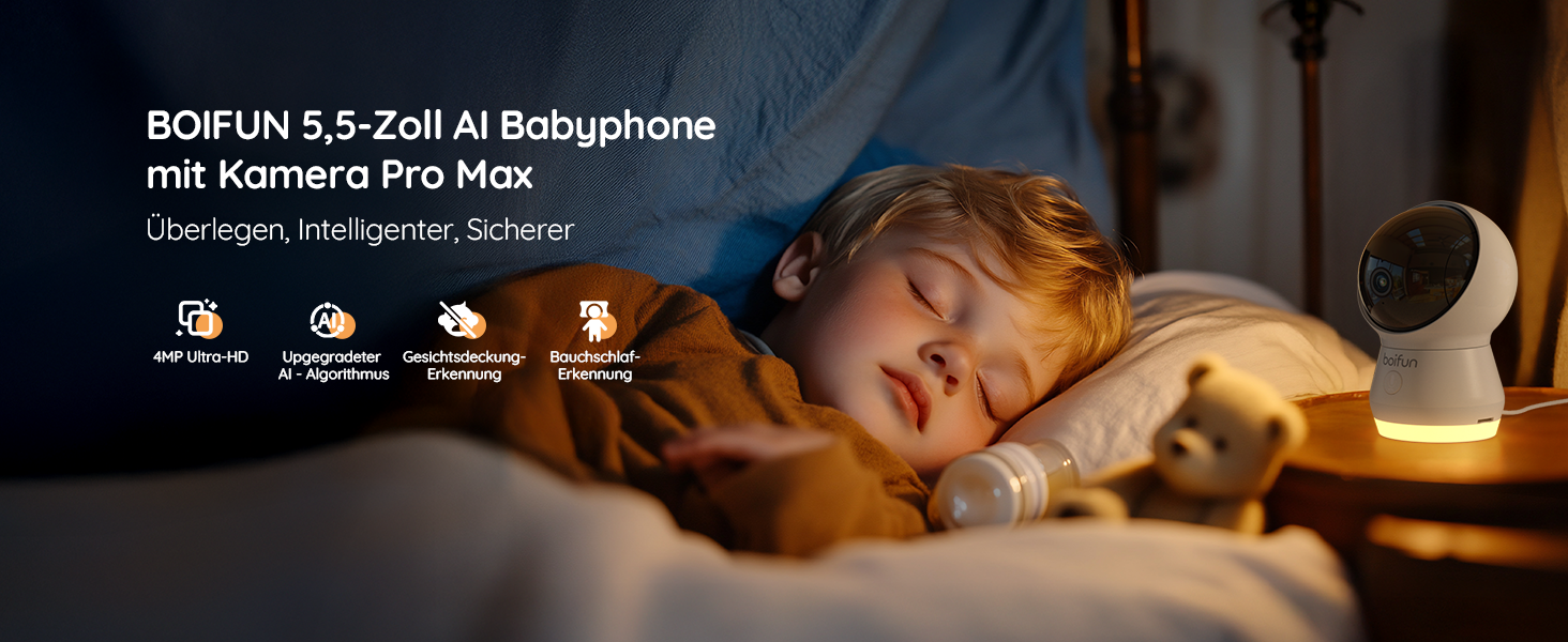 Відеоняня BOIFUN з камерою Wi-Fi 4MP, моніторинг через додаток, виявлення положення дитини, нічник, нічна зйомка, датчик руху/плачу/звуку, автотрекінг, сповіщення про вихід за межі зони