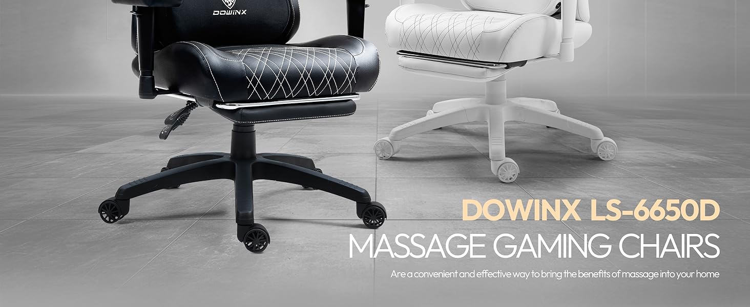 Ігровий крісло Dowinx з масажем та підігрівом, дихаюча спинка, регульоване, з підніжкою, підтримка спини та шиї, чорно-біле