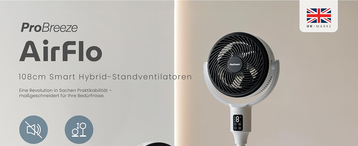 Вентилятор Pro Breeze AirFlo Standventilator: тихий, з пульт, LED-дисплей, 109 см, 2 режими, осциляція, 29 дБ, регулювання висоти, для дому, офісу, спальні, AirFlo WLAN