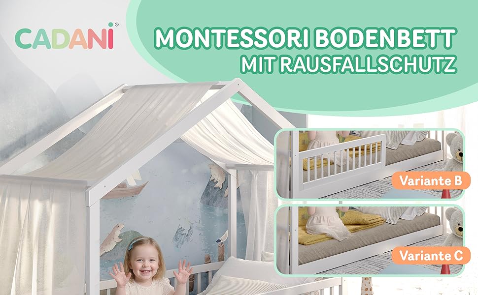 Ліжко-дитяча хатинка CADANI Malte, 120x200 см, білий колір, Montessori, з бортиками, трансформується, з ламелями, до 200 кг