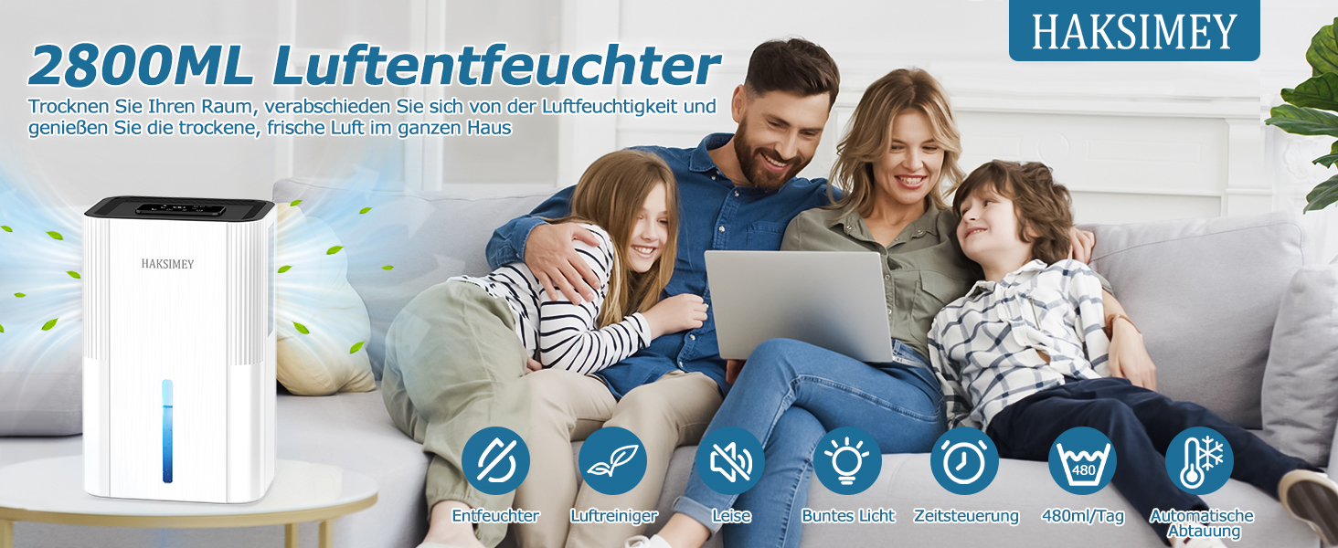 Електричний осушувач повітря 2800 мл з функцією відтавання та таймером, тихий осушувач для дому, підходить для підвалу, ванної кімнати, з 7-кольоровим LED-підсвічуванням та нічним режимом