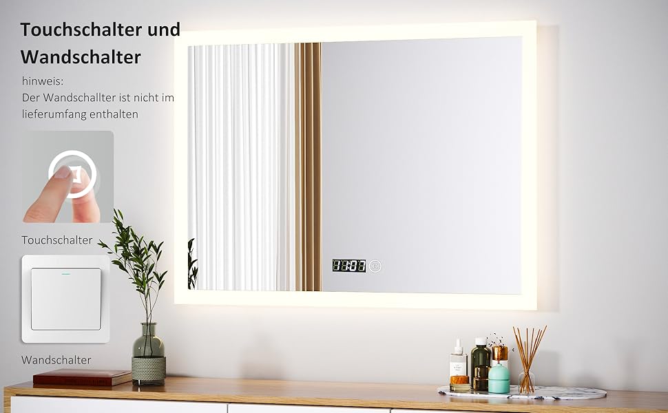 Дзеркало для ванної кімнати Boromal з підсвічуванням та годинником 50x70 см, LED, 3 кольори, регулювання яскравості, сенсорне керування