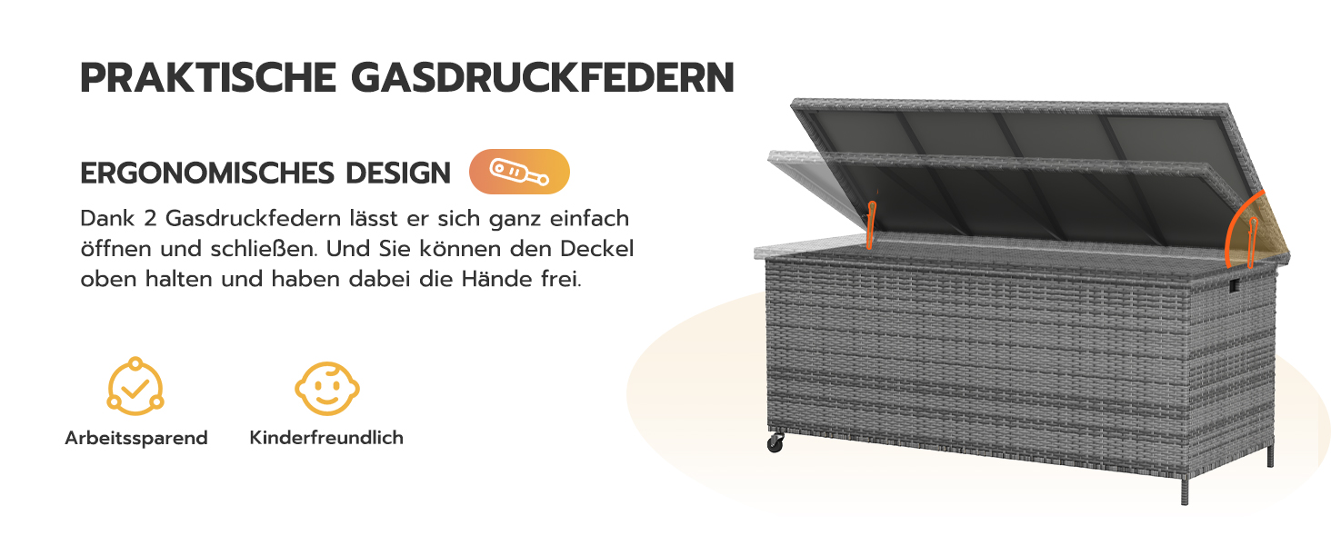 Водонепроникний садовий ящик для зберігання UDPATIO 480л з колесами, сірий 138x61 см | Ящик для подушок, стійкий до УФ-випромінювання та погодних умов для саду, балкону