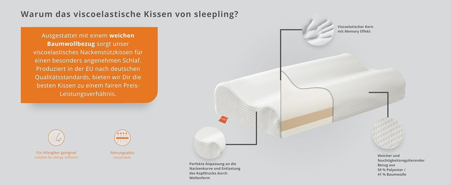 Ортопедична подушка для шиї з ефектом пам'яті Memory Foam, ергономічна подушка для сну проти болю в шиї, регульована по висоті, з чохлом, 33x60 см
