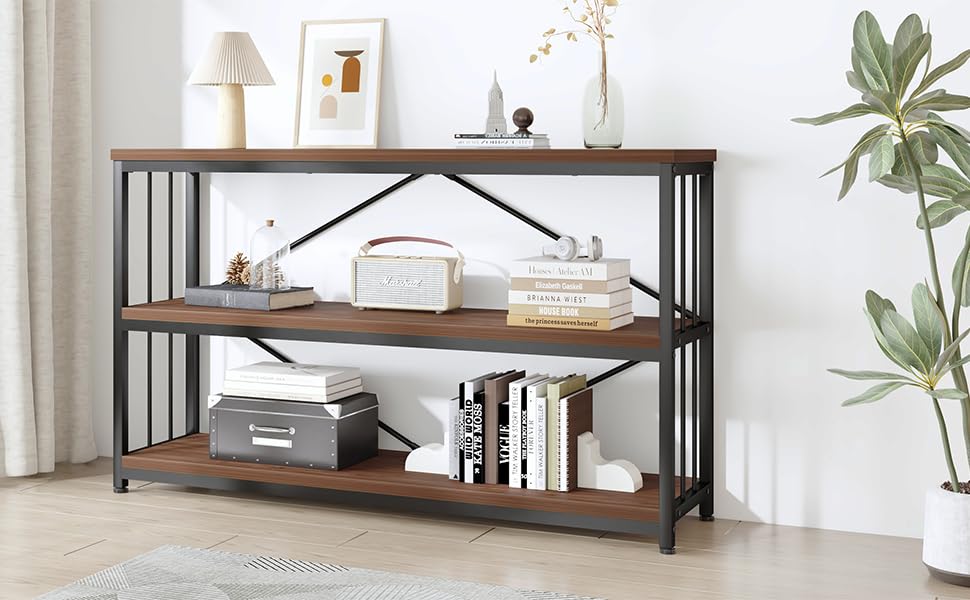 Низька полиця для книг IBF з 3 ярусами, індустріальний стиль, метал та дерево, 120x34x74 см, коричневий