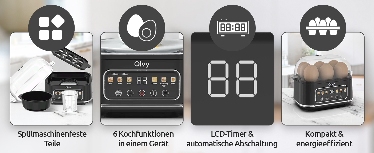 Електричний відварювач яєць Olvy з LCD-таймером на 6 яєць, чорний — пароварка для сніданків, що миється в посудомийній машині