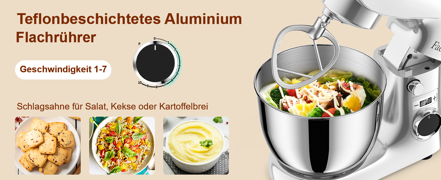 Кухонна машина-міксер Facelle 1500W з 5.5L та 4.5L чашами, 10+ програм, тиха робота, срібна