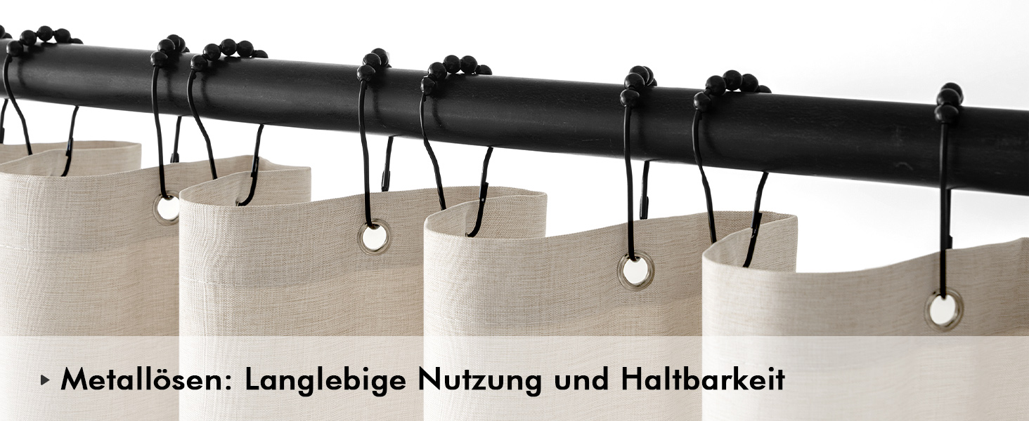 Шторка для душу MIULEE 120x200 см, льонова текстура, бежева, з чорною окантовкою, водонепроникна, антигрибкова, з 8 кільцями, для ванної кімнати