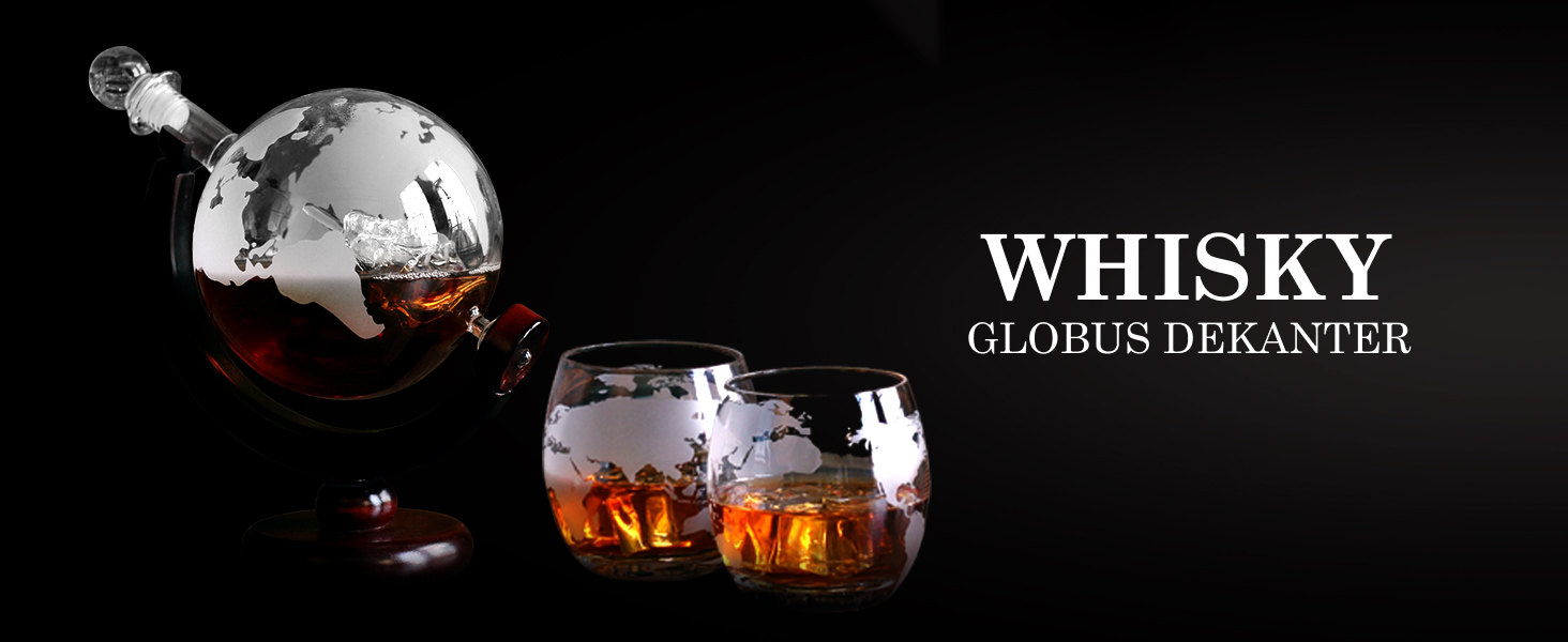 Набір для віскі Globus: декантир, 4 склянки, дерев'яний підставка, карта світу. Ідеальний подарунок для чоловіків та жінок. Підходить для віскі, джину, рому, скотчу, лікеру, бурбону, горілки.