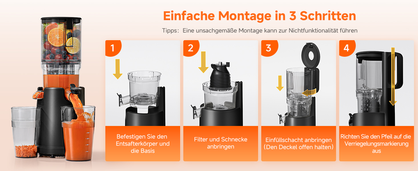 AOBOSI Повільнодіючий соковитискач з великою завантажувальною воронкою 135 мм, 200 Вт, холодний віджим, зворотний хід, потрійний фільтр, BPA-free, тихий, для свіжих соків з фруктів та овочів, чорний