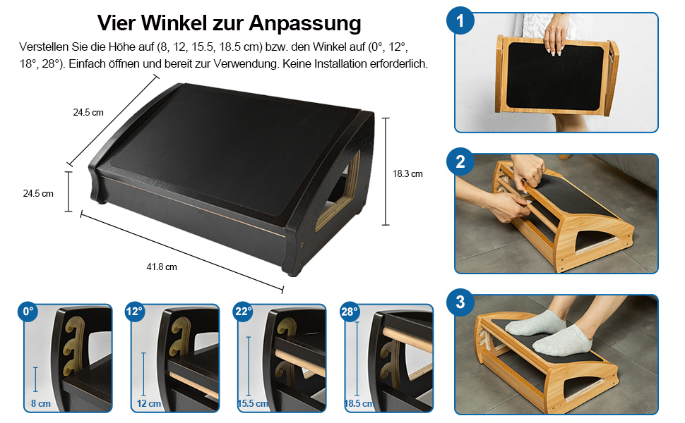 Підставка під ноги StrongTek для столу, дерево, для роботи, 3 положення висоти, ергономічна, антиковзаюча, покращує поставу та кровообіг, до 181 кг, чорна