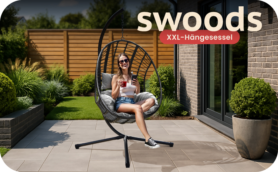 Крісло-гойдалка Swoods XXL з металевим каркасом – для дому та вулиці. Яйцеподібне крісло-гойдалка з подушкою, до 150 кг (темно-сірий, світло-сірий)