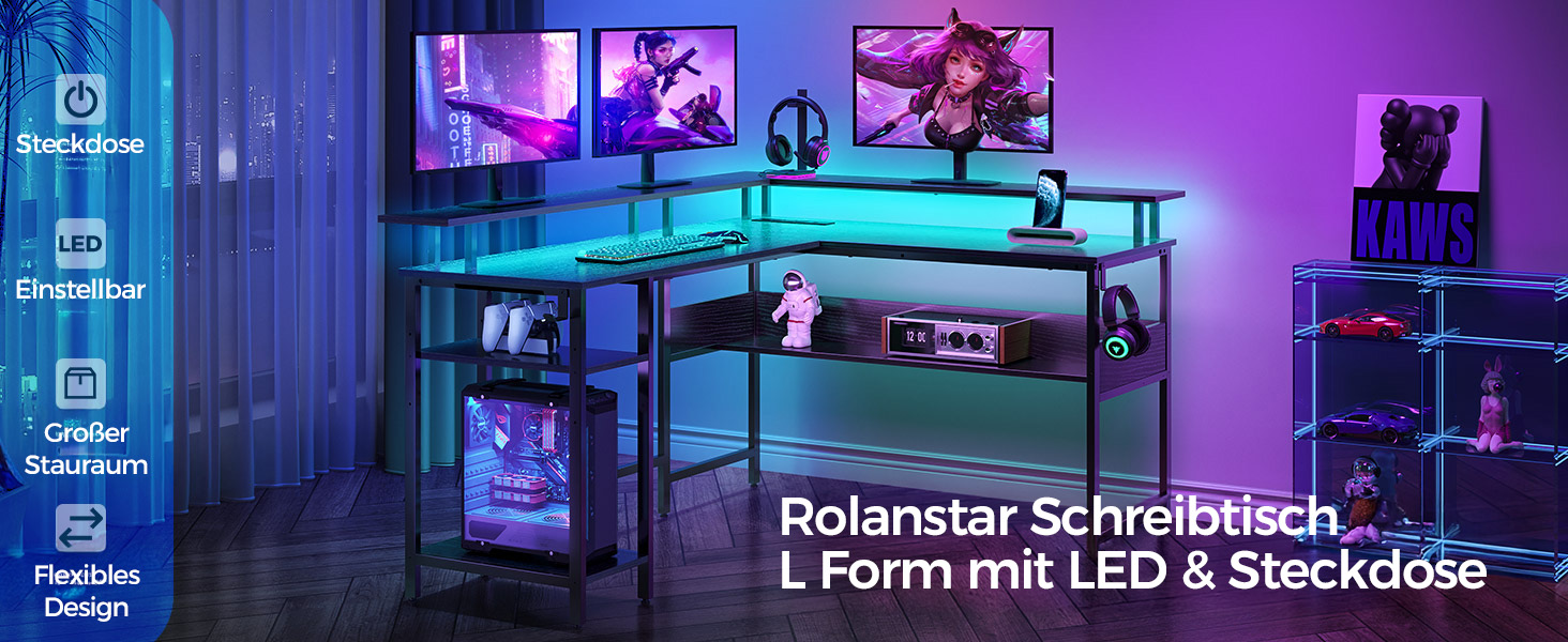 Ігровий стіл Rolanstar L-подібної форми з LED-підсвічуванням та розетками, стіл для геймінгу з підставкою для монітора та полицею, кутовий стіл з 2 гачками, великий комп'ютерний стіл, що змінює положення, для офісу (Vintage, 137 x 108 см) (Чорний)