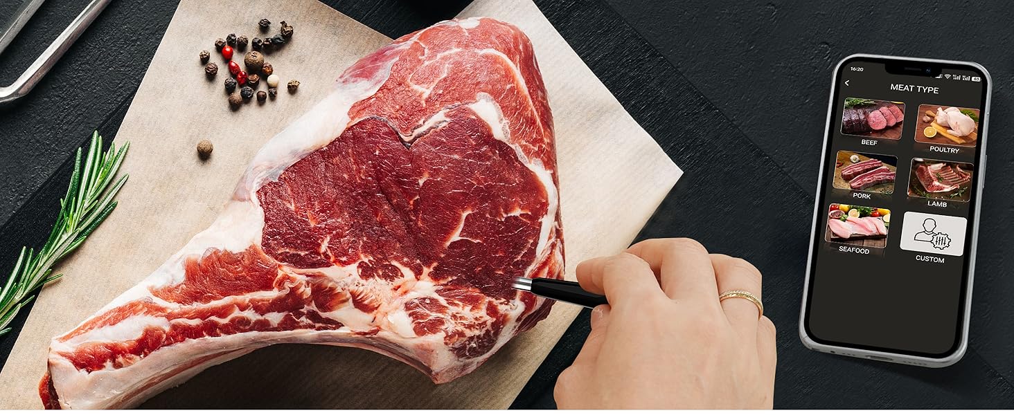 Термометр для м'яса з дистанційним моніторингом 130 м, для гриля, духовки, коптильні та кухні, термометр для гриля, IPX7 водонепроникний, відстеження температури в реальному часі, сумісний з iOS/Android, сріблясто-сірий